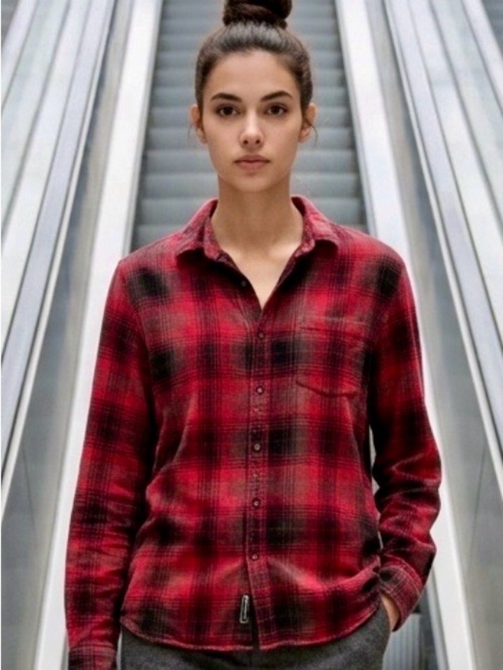 Red Plaid Button-Down Long Sleeve Casual Shirt L